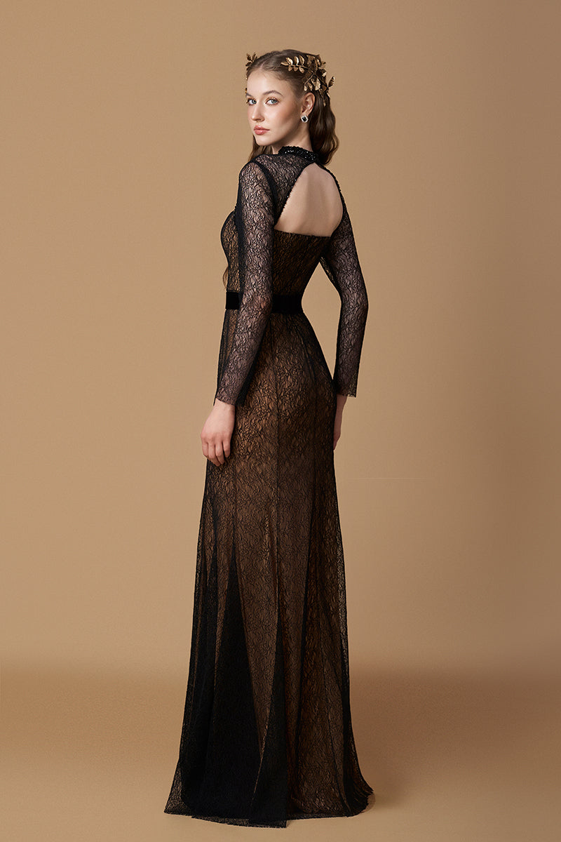 Stand Collar Mermaid Gown With Long Sleeve In Black Lace | I.H.F ATELIER