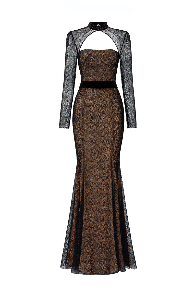 Stand Collar Mermaid Gown With Long Sleeve In Black Lace | I.H.F ATELIER