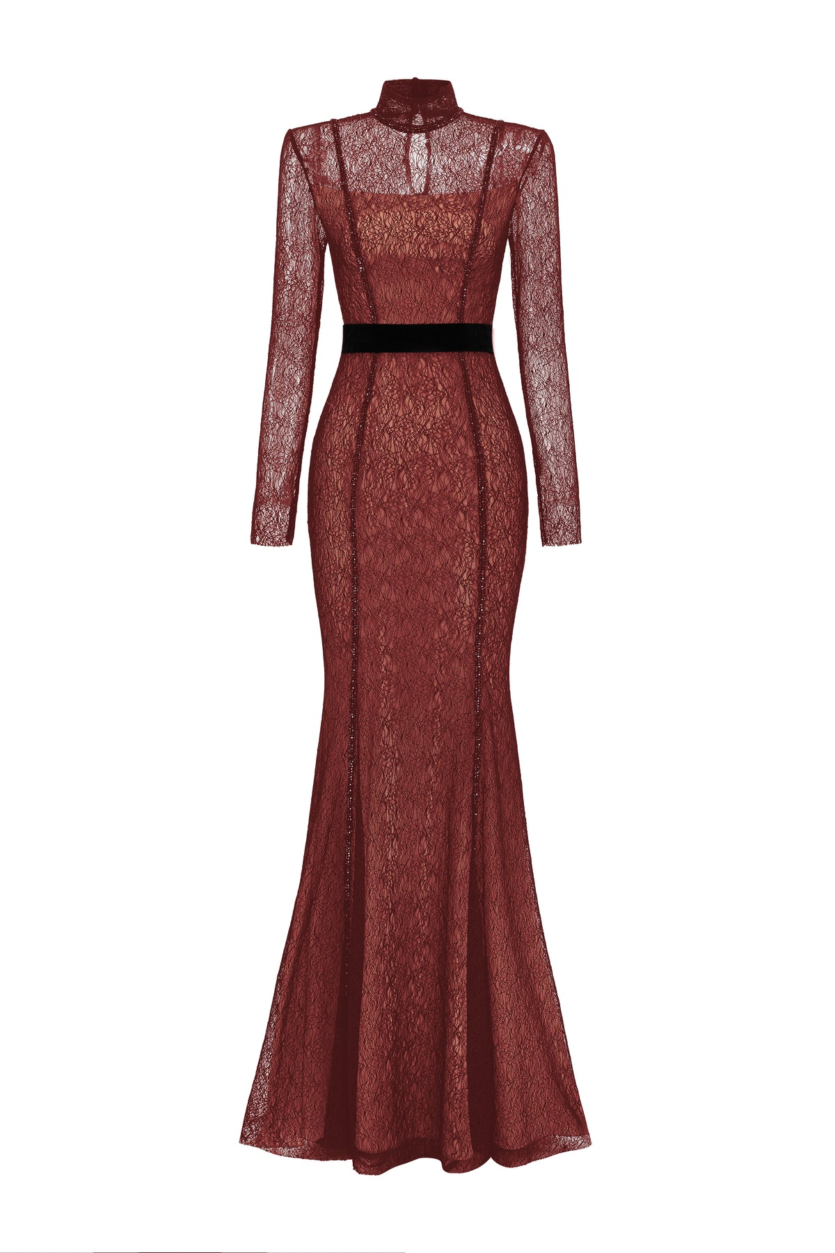 Stand Collar Mermaid Gown With Long Sleeve In Dark Red Lace | I.H.F ATELIER
