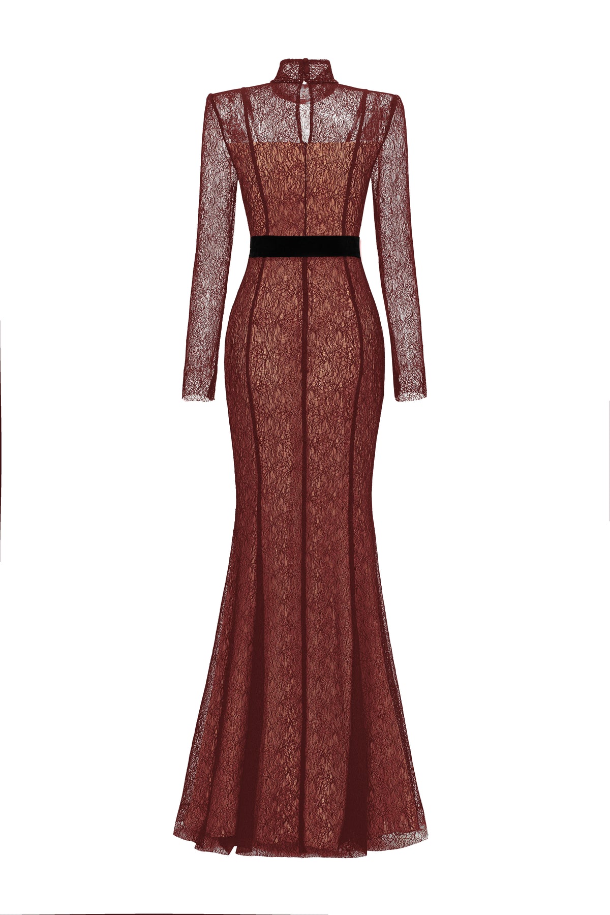 Stand Collar Mermaid Gown With Long Sleeve In Dark Red Lace | I.H.F ATELIER