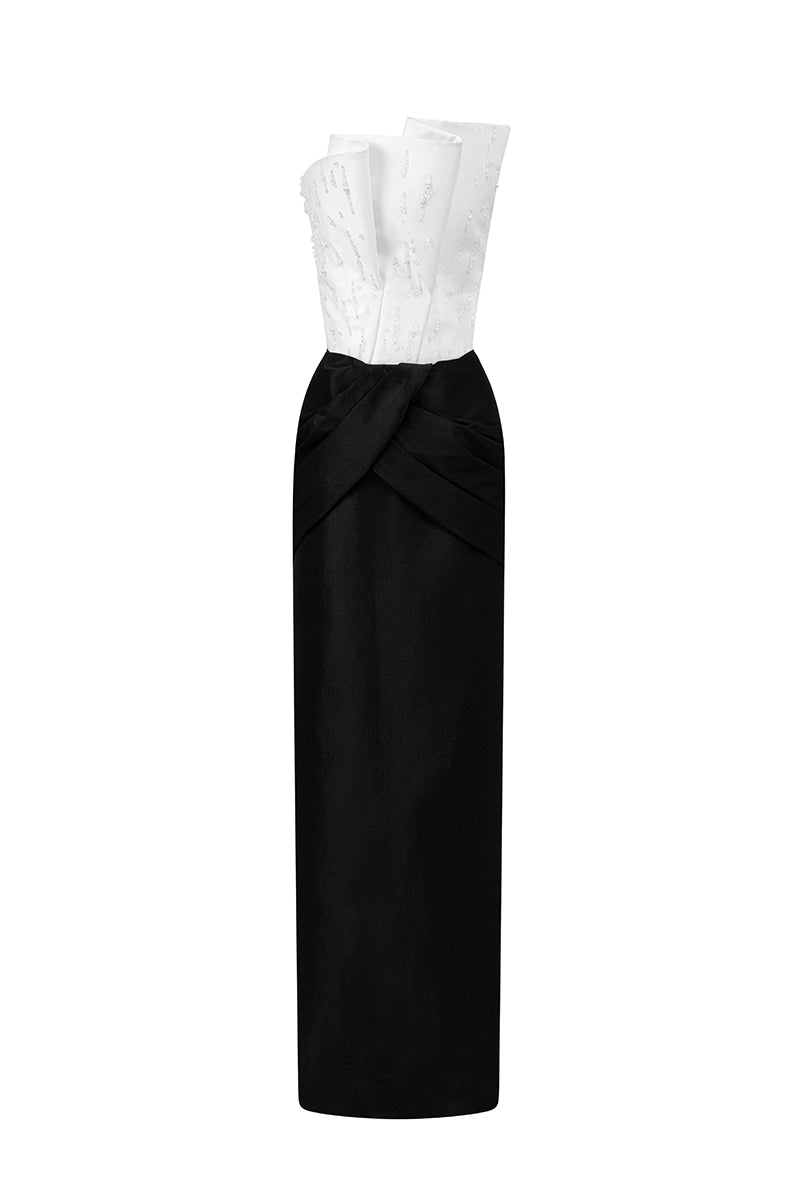Strap-Draped Sweetheart Dress In White & Black Stretch Taffeta | I.H.F ATELIER
