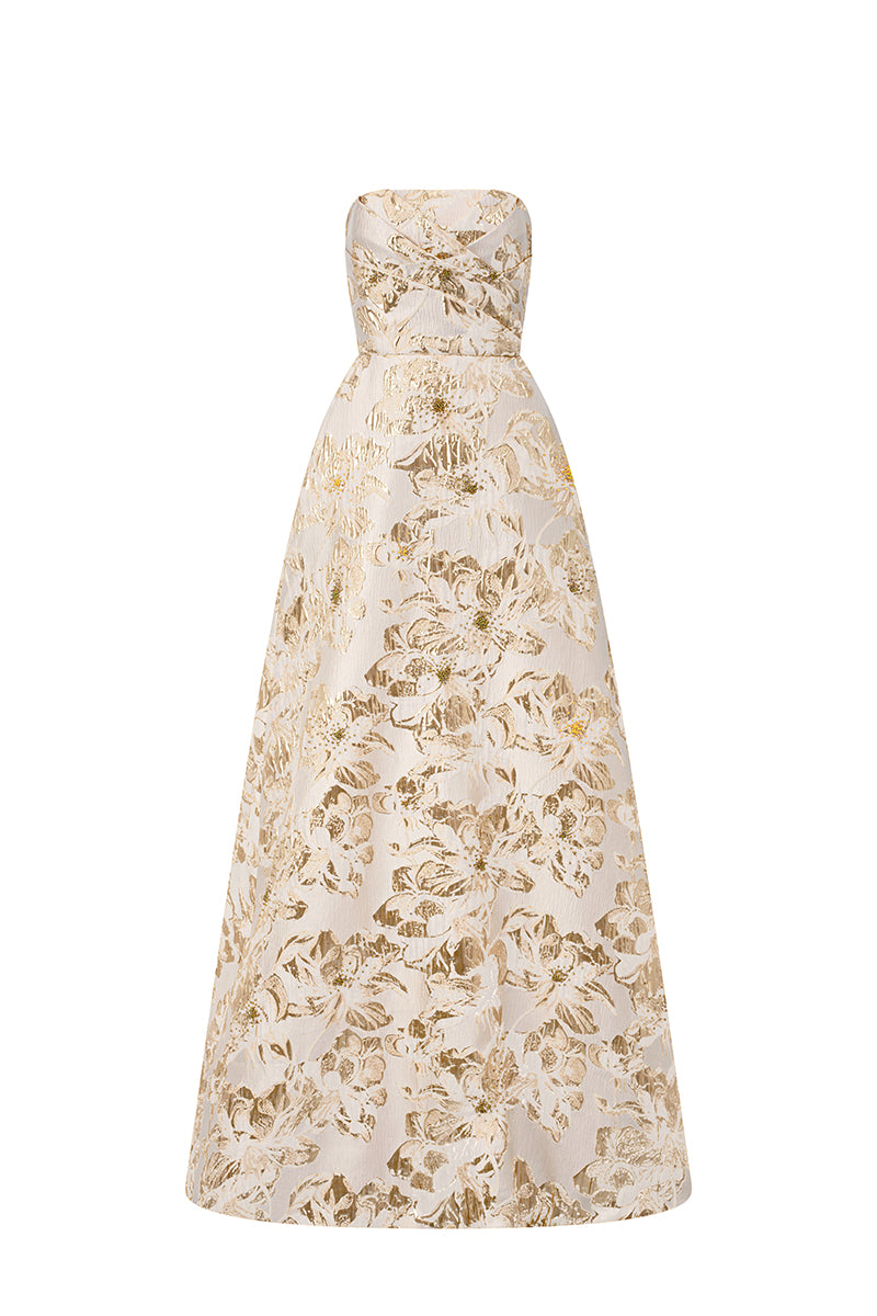 Strapless A-line Gown With Draped Details In Beige Jacquard | I.H.F ATELIER