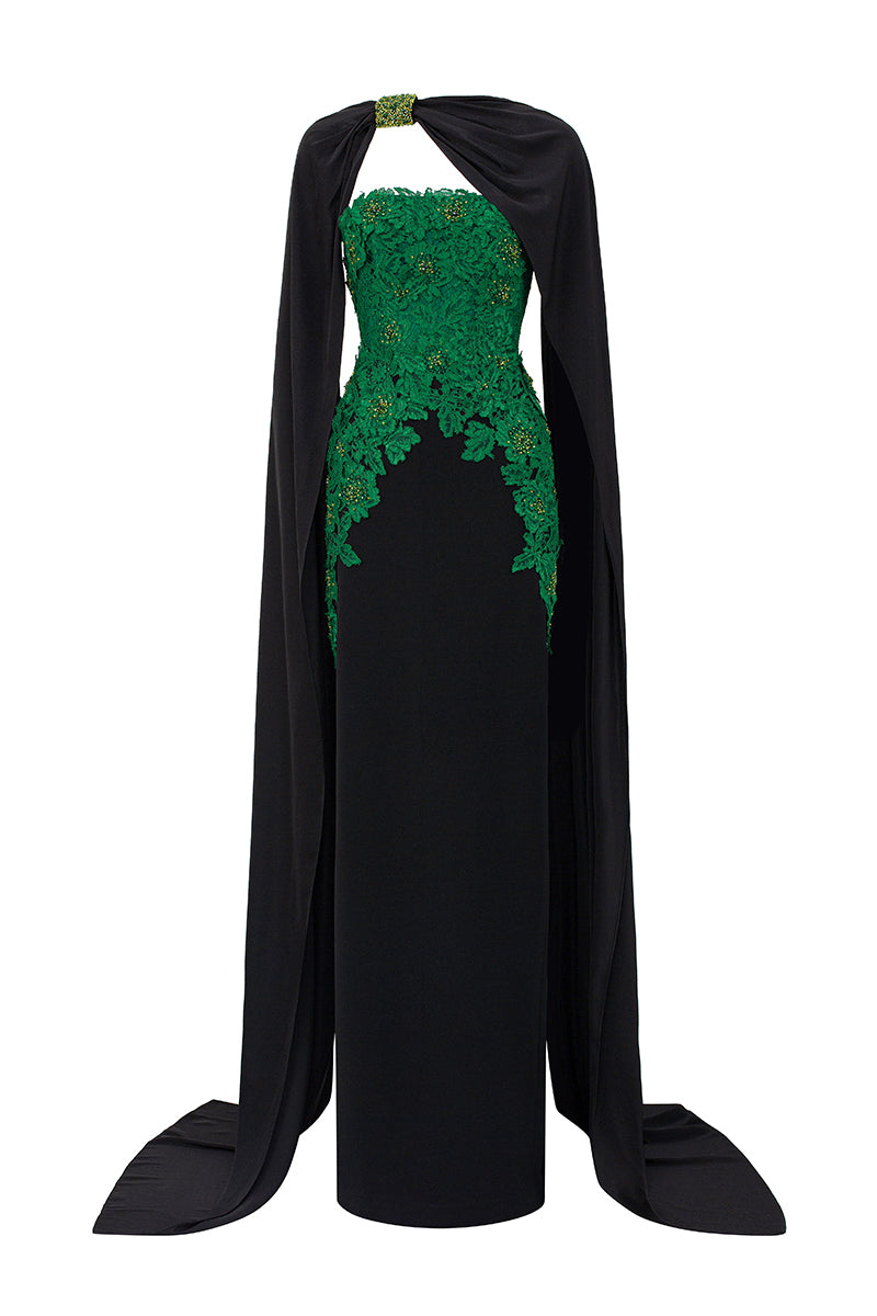 Strapless Column Gown With Long Cape In Dark Green French Lace & Black Crepe | I.H.F ATELIER