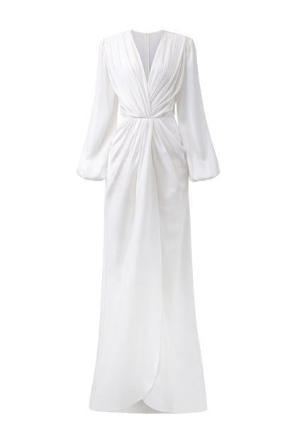 White Draped Details Satin Dress