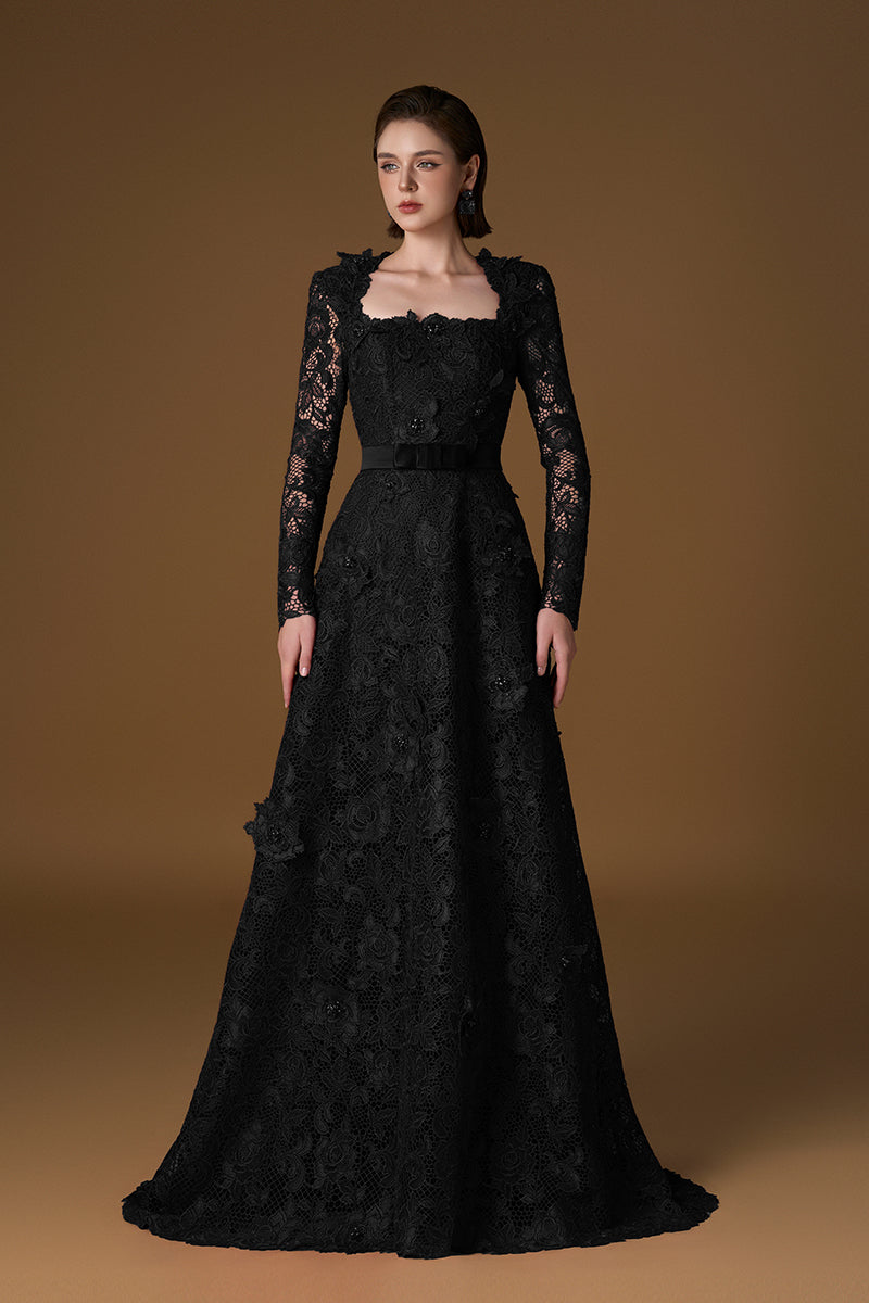 Trapeze Neck A-line Gown With Long Sleeves In Black Guipure Lace | I.H.F ATELIER