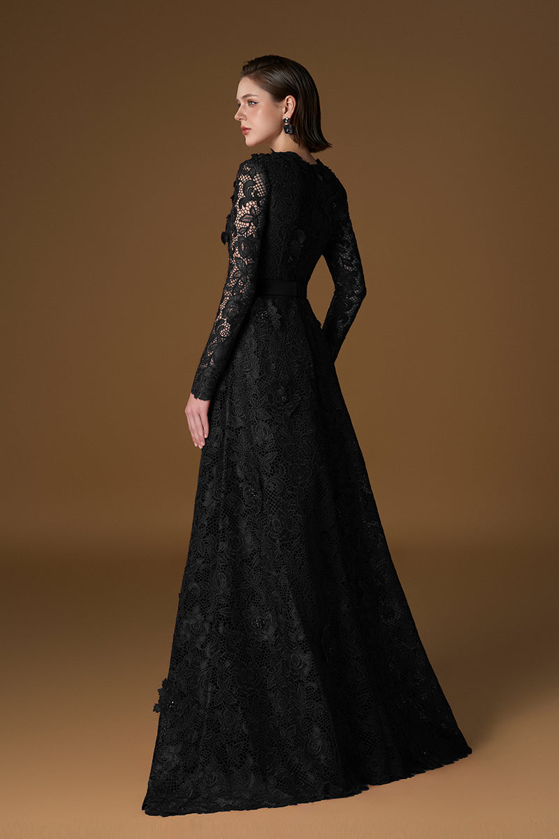 Trapeze Neck A-line Gown With Long Sleeves In Black Guipure Lace | I.H.F ATELIER