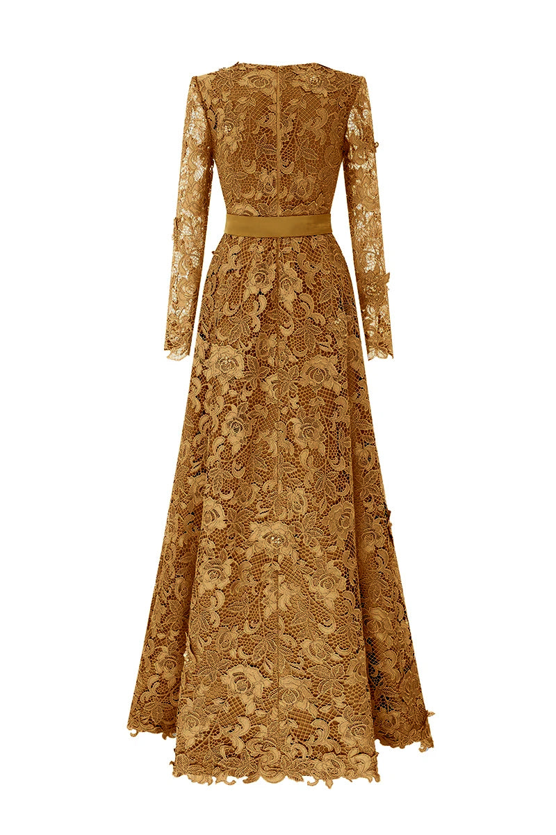 Trapeze Neck A-line Gown With Long Sleeves In Dark Gold Guipure Lace | I.H.F ATELIER