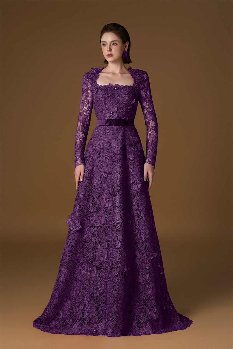 Trapeze Neck A-line Gown With Long Sleeves In Purple Guipure Lace | I.H.F ATELIER