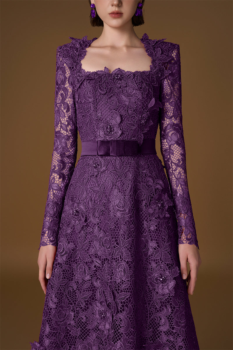 Trapeze Neck A-line Gown With Long Sleeves In Purple Guipure Lace | I.H.F ATELIER
