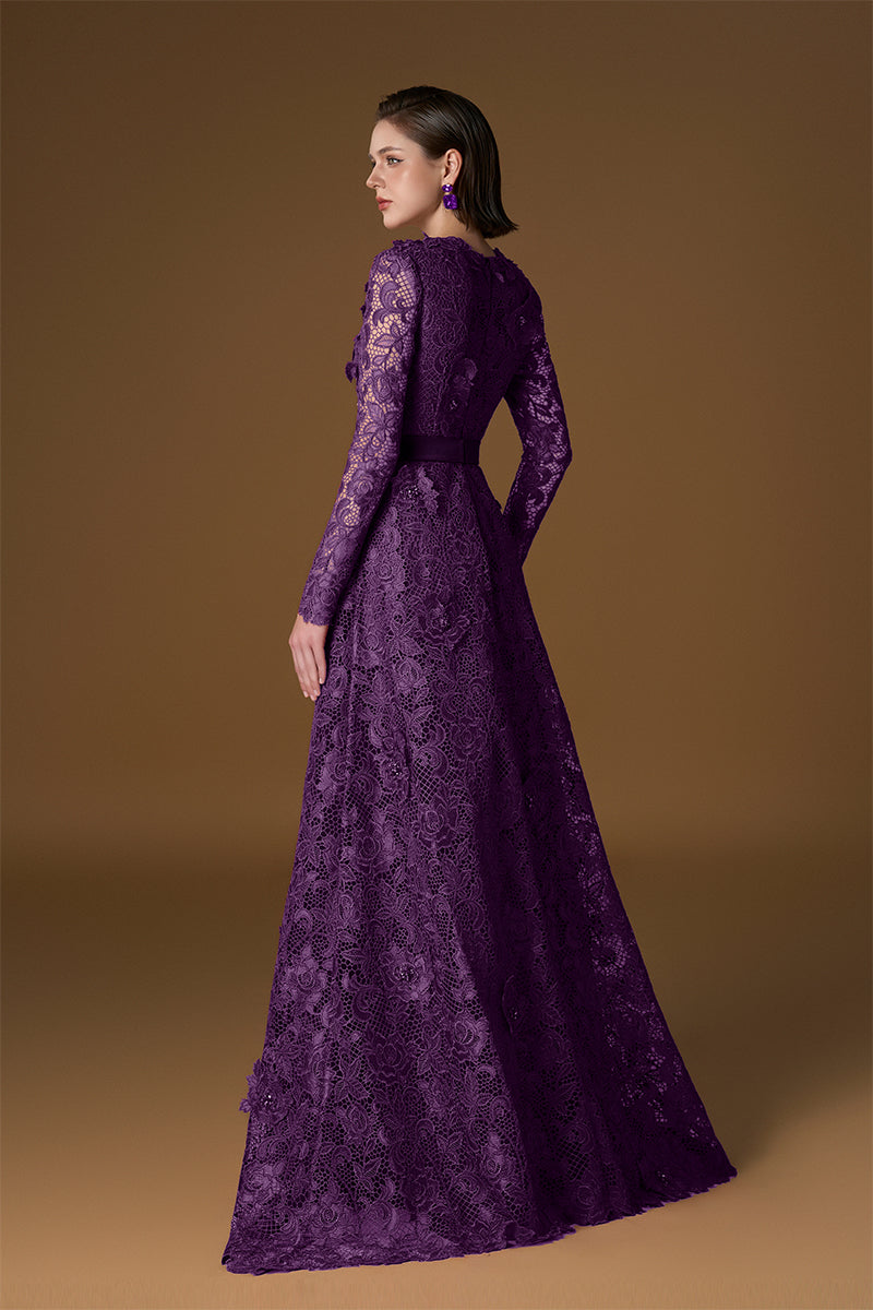 Trapeze Neck A-line Gown With Long Sleeves In Purple Guipure Lace | I.H.F ATELIER
