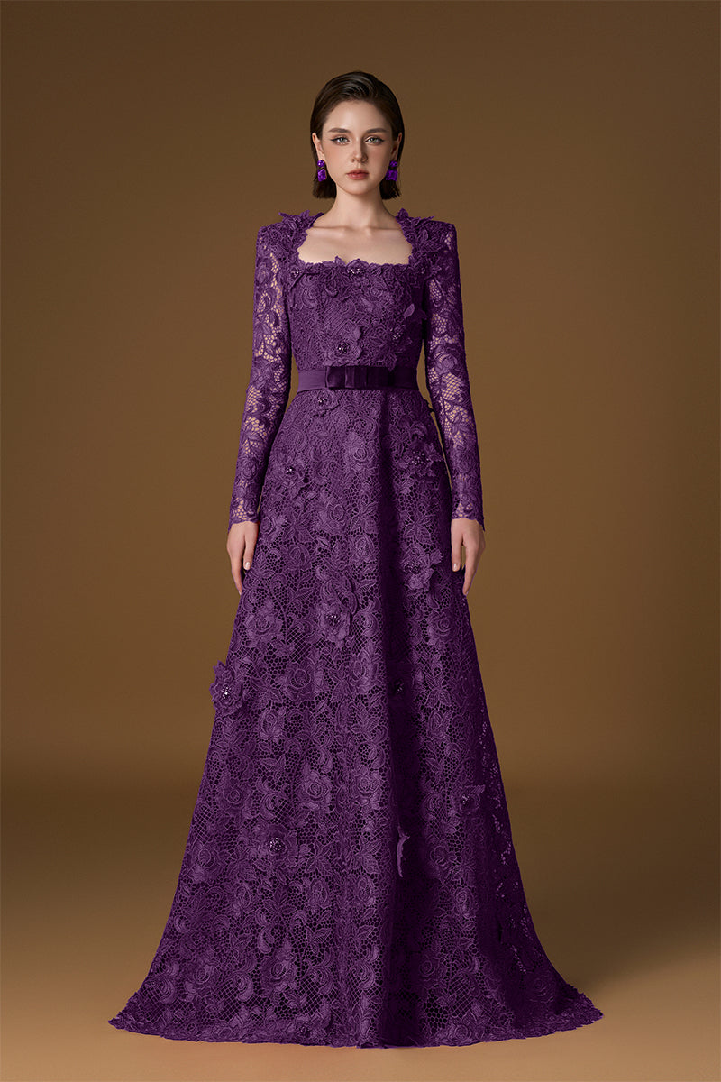 Trapeze Neck A-line Gown With Long Sleeves In Purple Guipure Lace | I.H.F ATELIER
