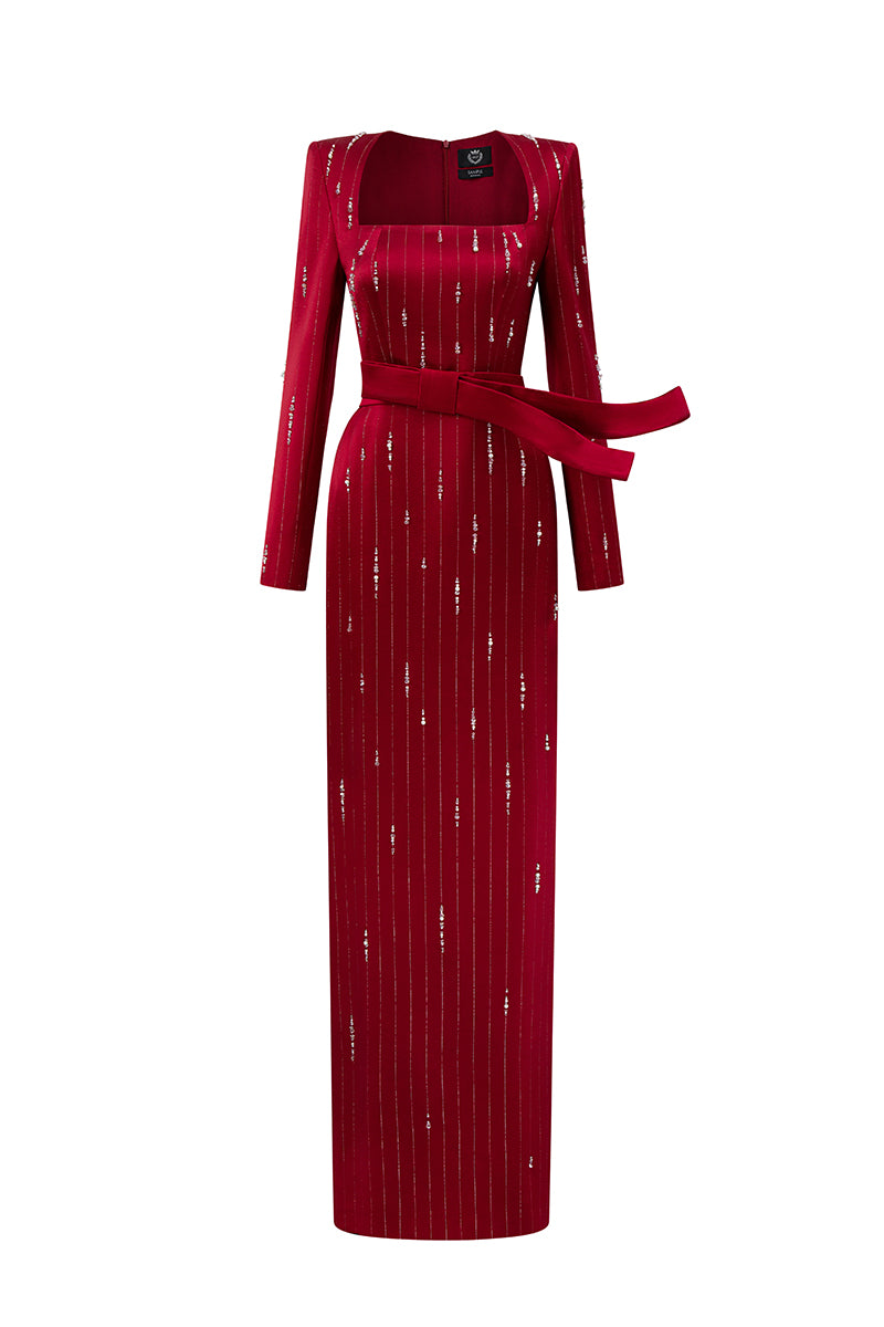 Trapeze Neck Column Gown With Belt Resembling A Wind-Blown Train In Red Metallic Striped Silk | I.H.F ATELIER