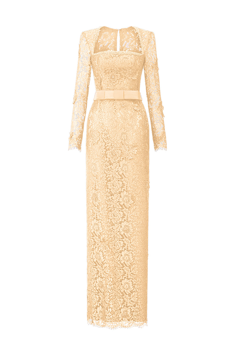 Trapeze Neck Column Gown With Long Sleeves In Beige French Lace | I.H.F ATELIER