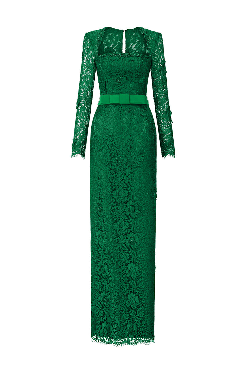 Trapeze Neck Column Gown With Long Sleeves In Dark Green French Lace | I.H.F ATELIER