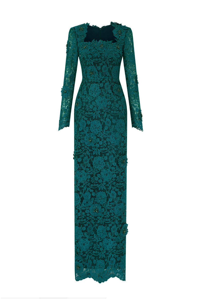 Trapeze Neck Column Gown With Long Sleeves In Guipure Lace | I.H.F ATELIER