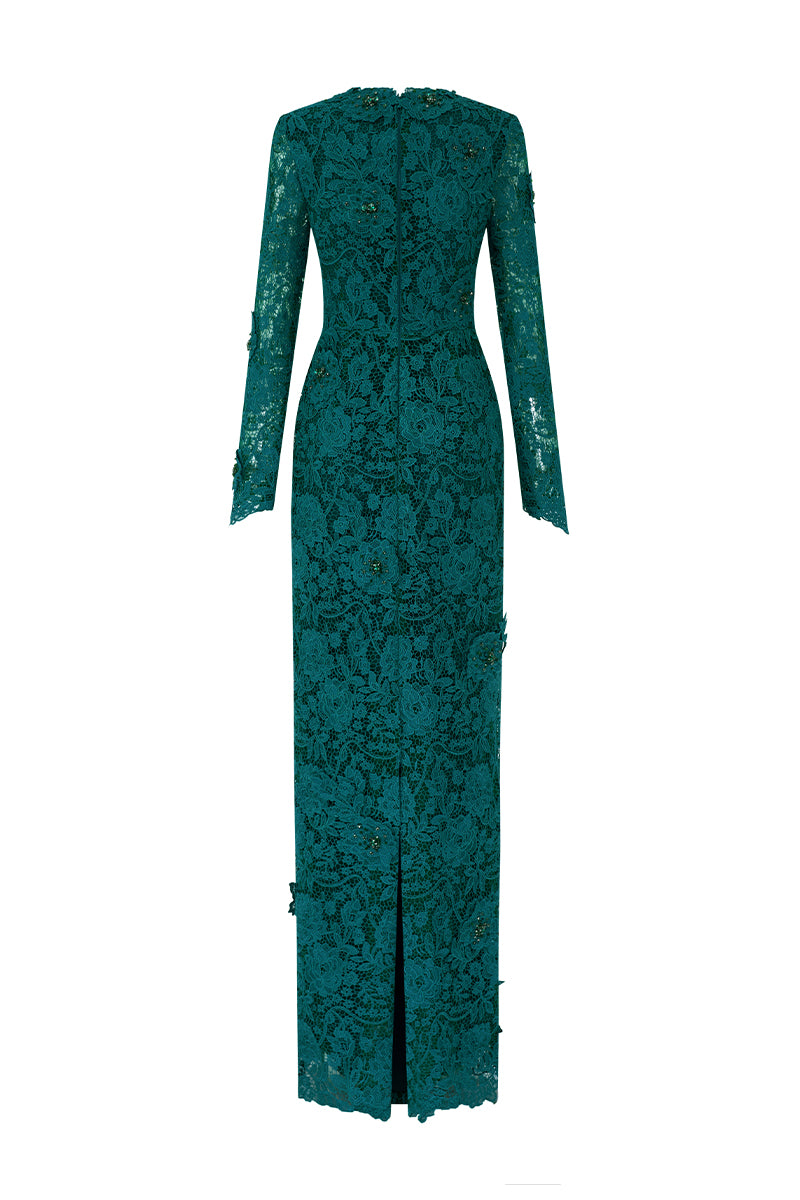 Trapeze Neck Column Gown With Long Sleeves In Guipure Lace | I.H.F ATELIER