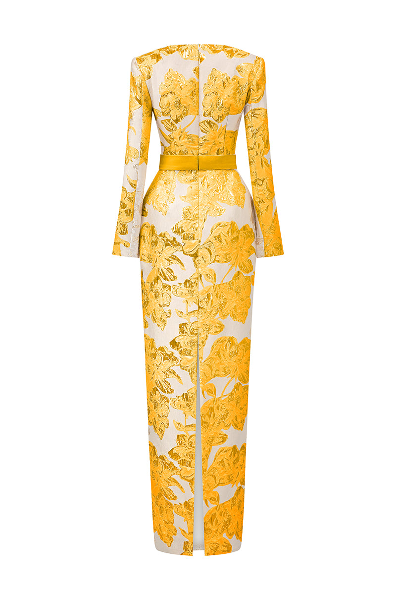 Trapeze Neck Column Gown With Long Sleeves In Jacquard | I.H.F ATELIER