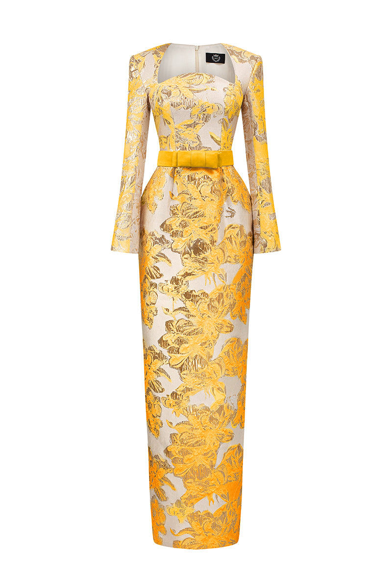 Trapeze Neck Column Gown With Long Sleeves In Jacquard | I.H.F ATELIER