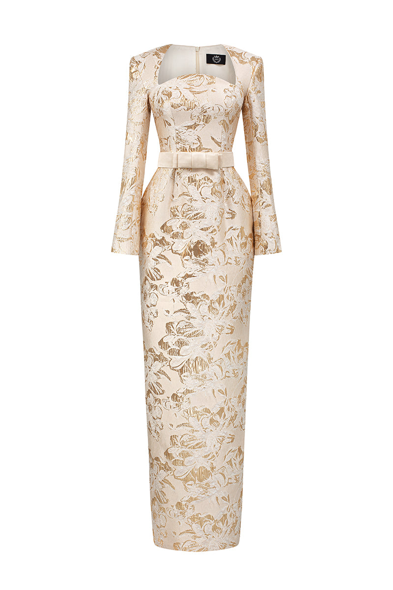 Trapeze Neck Column Gown With Long Sleeves In Jacquard | I.H.F ATELIER