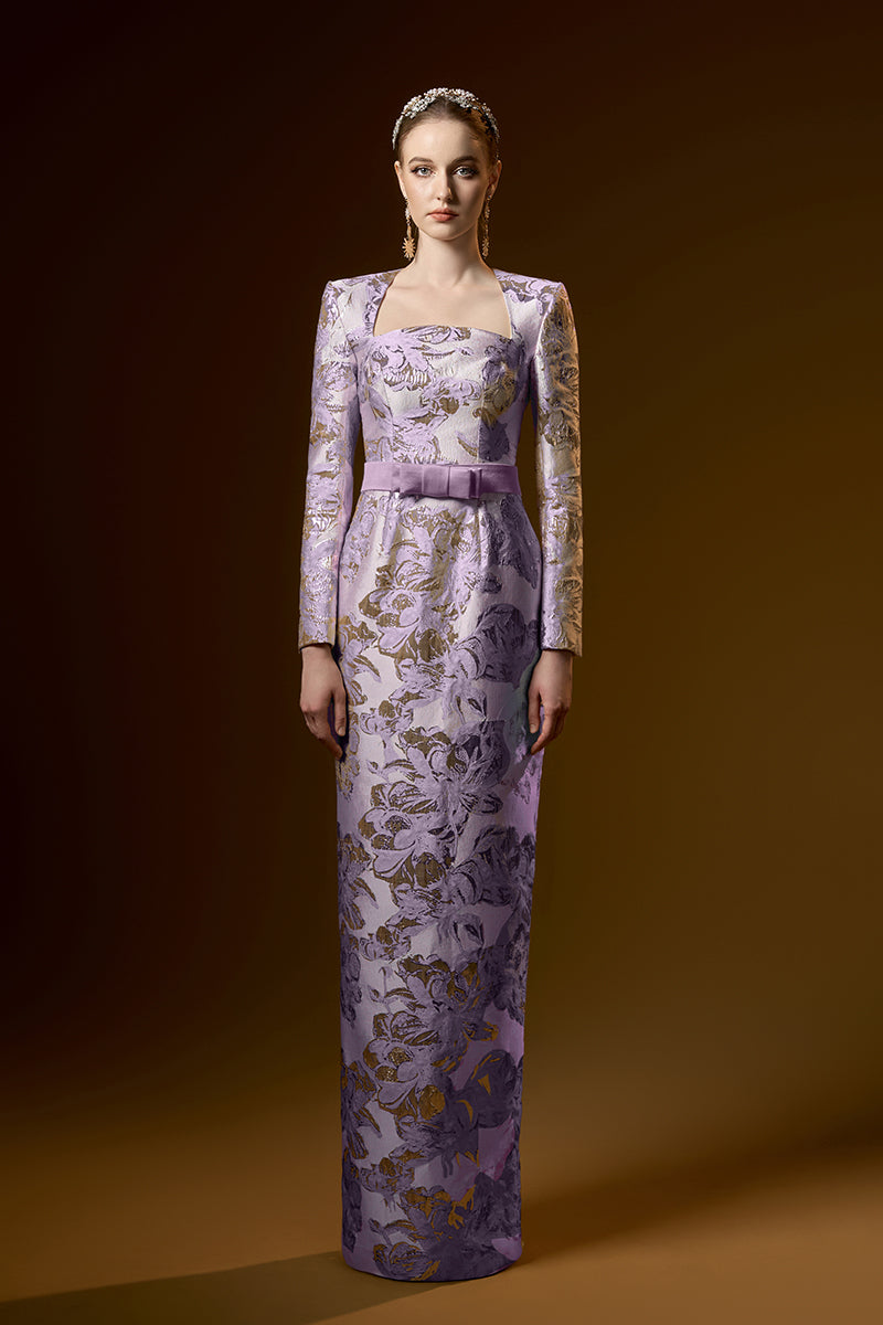 Trapeze Neck Column Gown With Long Sleeves In Jacquard | I.H.F ATELIER