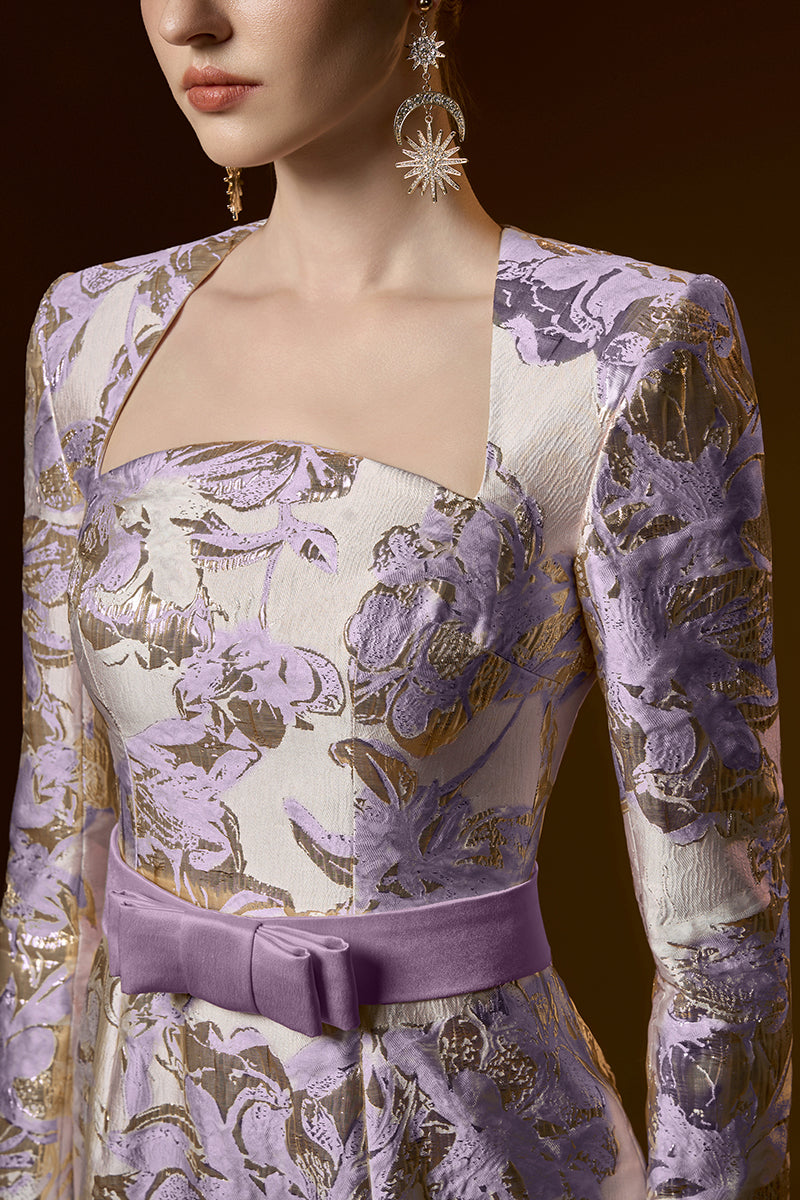 Trapeze Neck Column Gown With Long Sleeves In Jacquard | I.H.F ATELIER