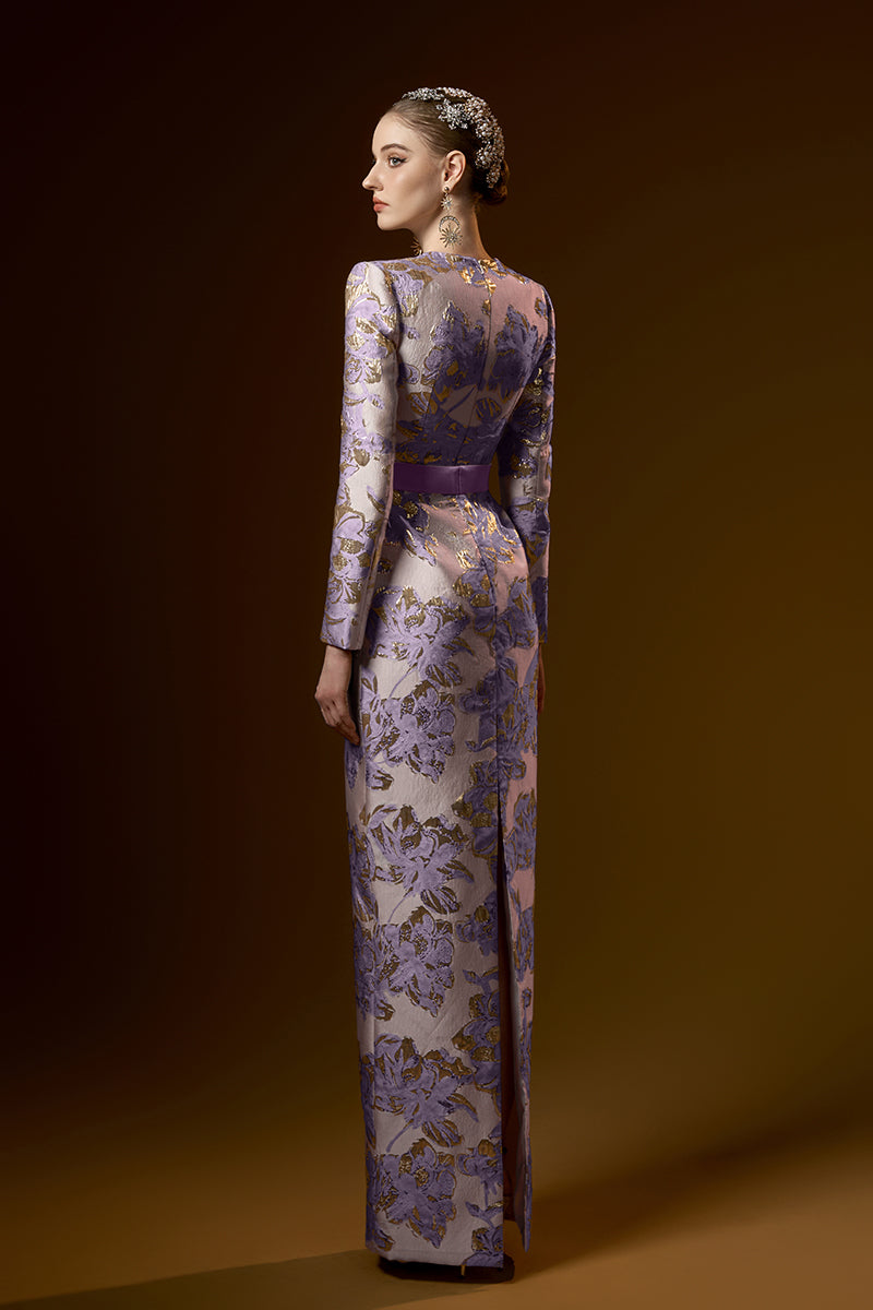 Trapeze Neck Column Gown With Long Sleeves In Jacquard | I.H.F ATELIER