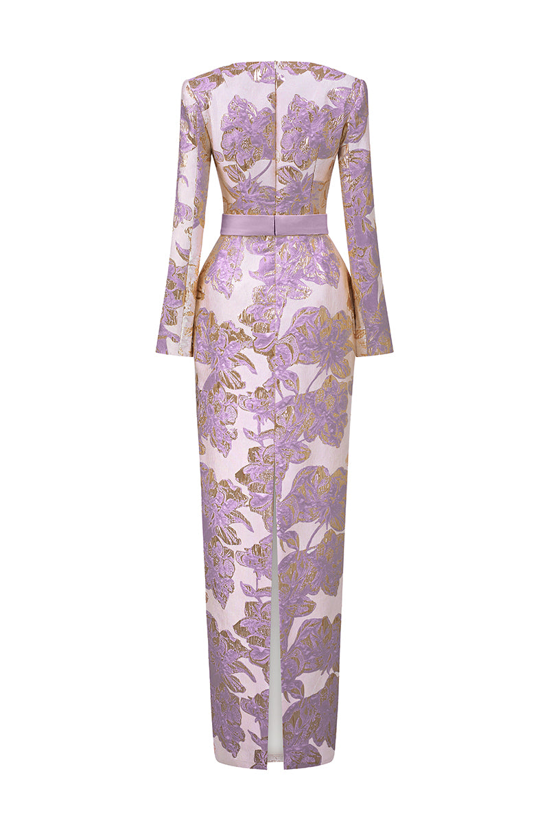 Trapeze Neck Column Gown With Long Sleeves In Jacquard | I.H.F ATELIER
