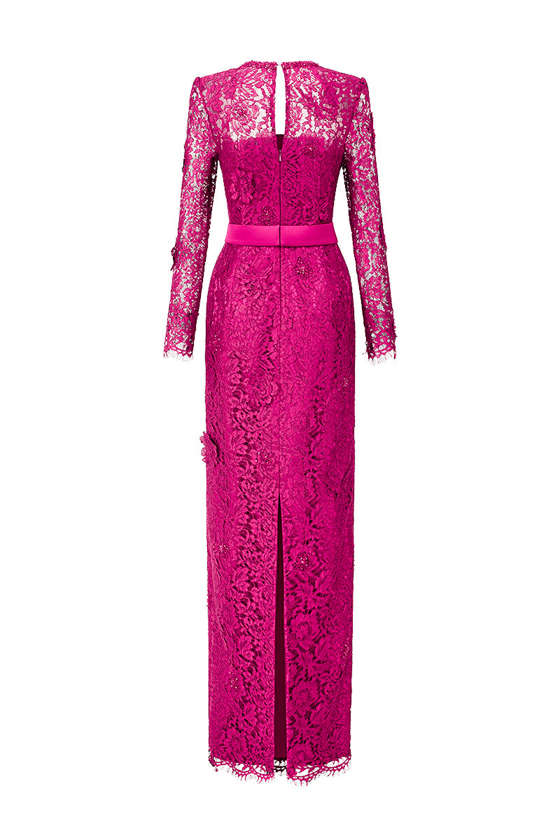 Trapeze Neck Column Gown With Long Sleeves In Pink French Lace | I.H.F ATELIER