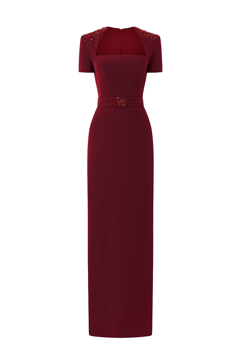 Trapeze Neck Column Gown With Short Sleeves In Bordeaux Crepe | I.H.F ATELIER