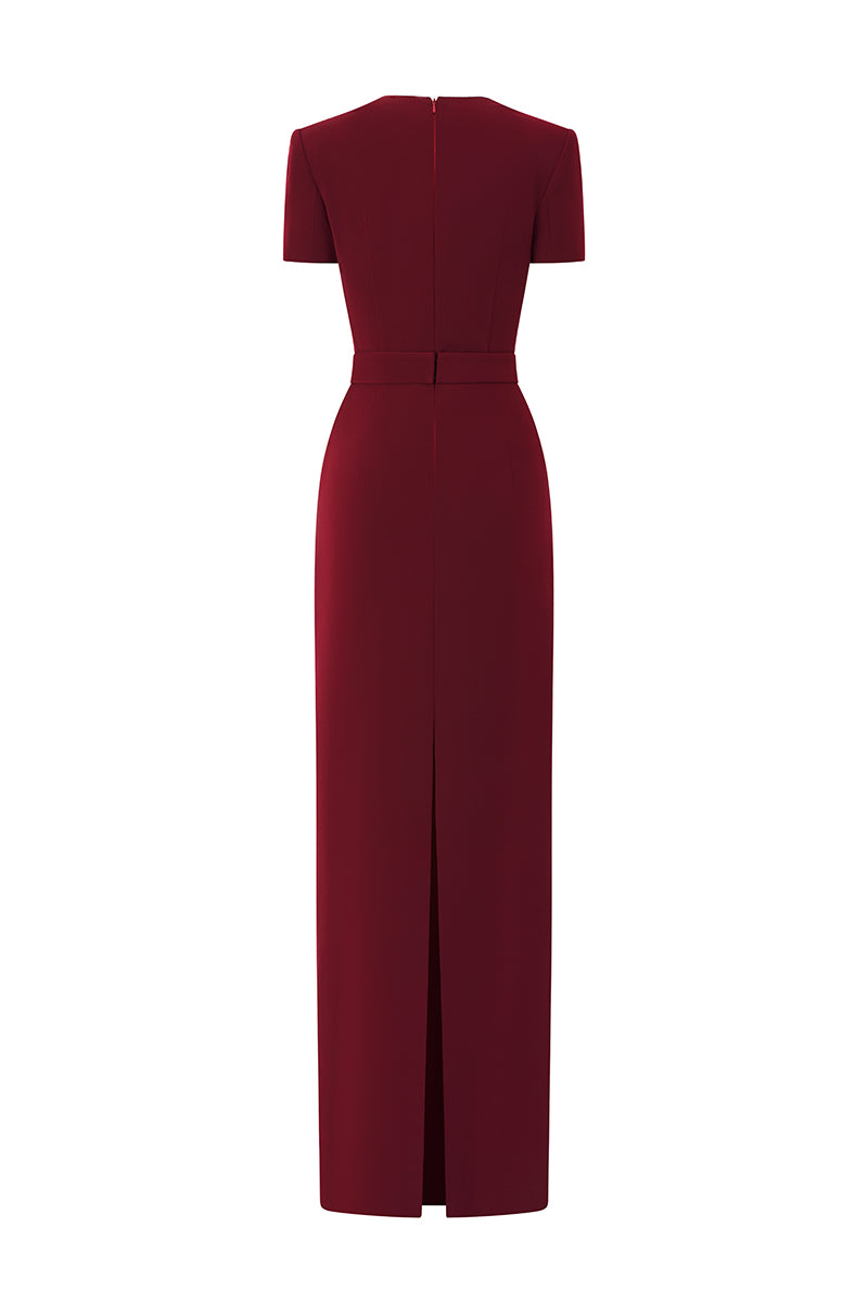 Trapeze Neck Column Gown With Short Sleeves In Bordeaux Crepe | I.H.F ATELIER