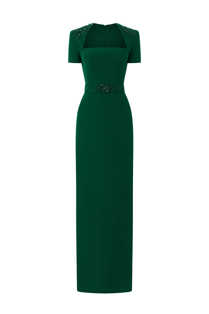 Trapeze Neck Column Gown With Short Sleeves In Dark Green Crepe | I.H.F ATELIER