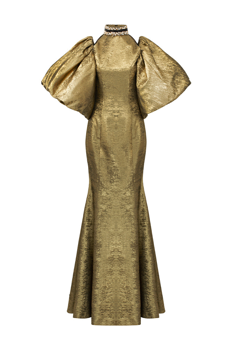 Turtleneck Collar Mermaid Gown With Puff Sleeves | I.H.F ATELIER
