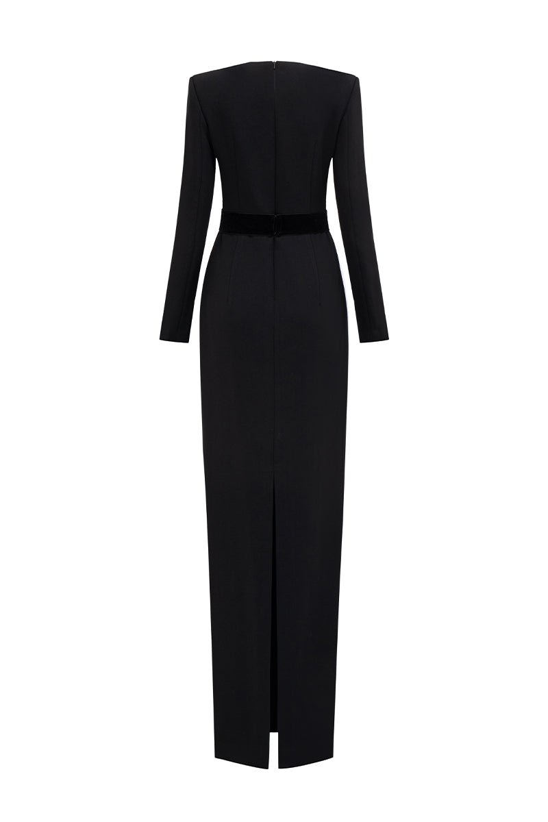 V-Cut Column Gown With Long Sleeves In Black | I.H.F ATELIER