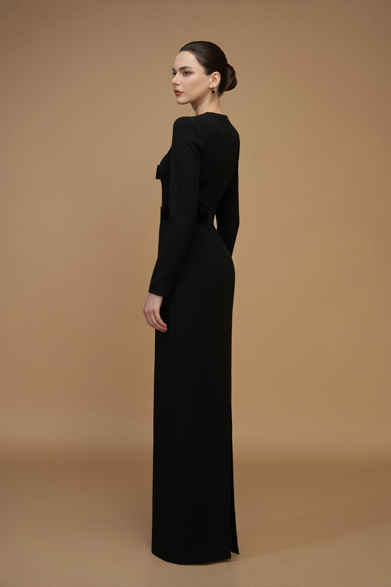 V-Cut Column Gown With Long Sleeves In Black | I.H.F ATELIER