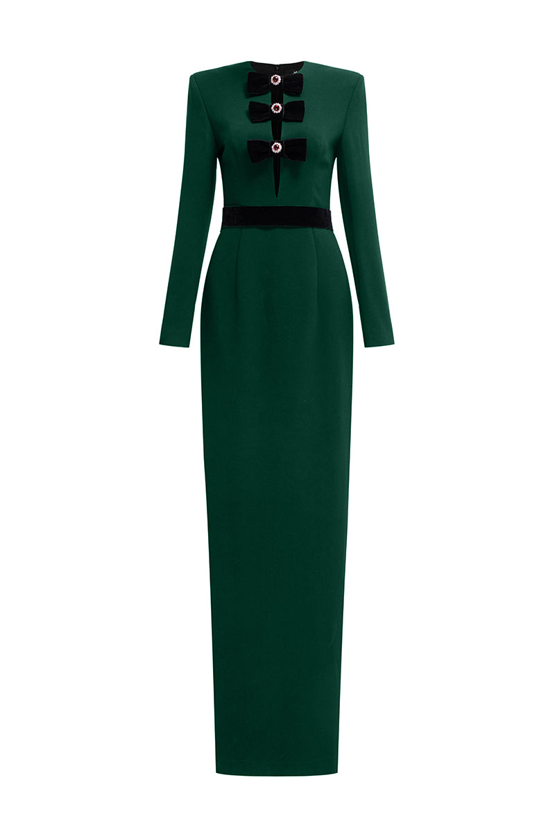 V-Cut Column Gown With Long Sleeves In Dark Green | I.H.F ATELIER