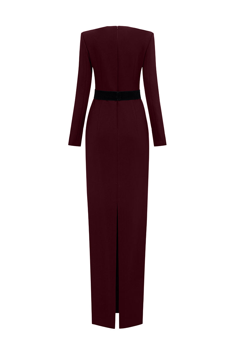 V-Cut Column Gown With Long Sleeves In Red | I.H.F ATELIER