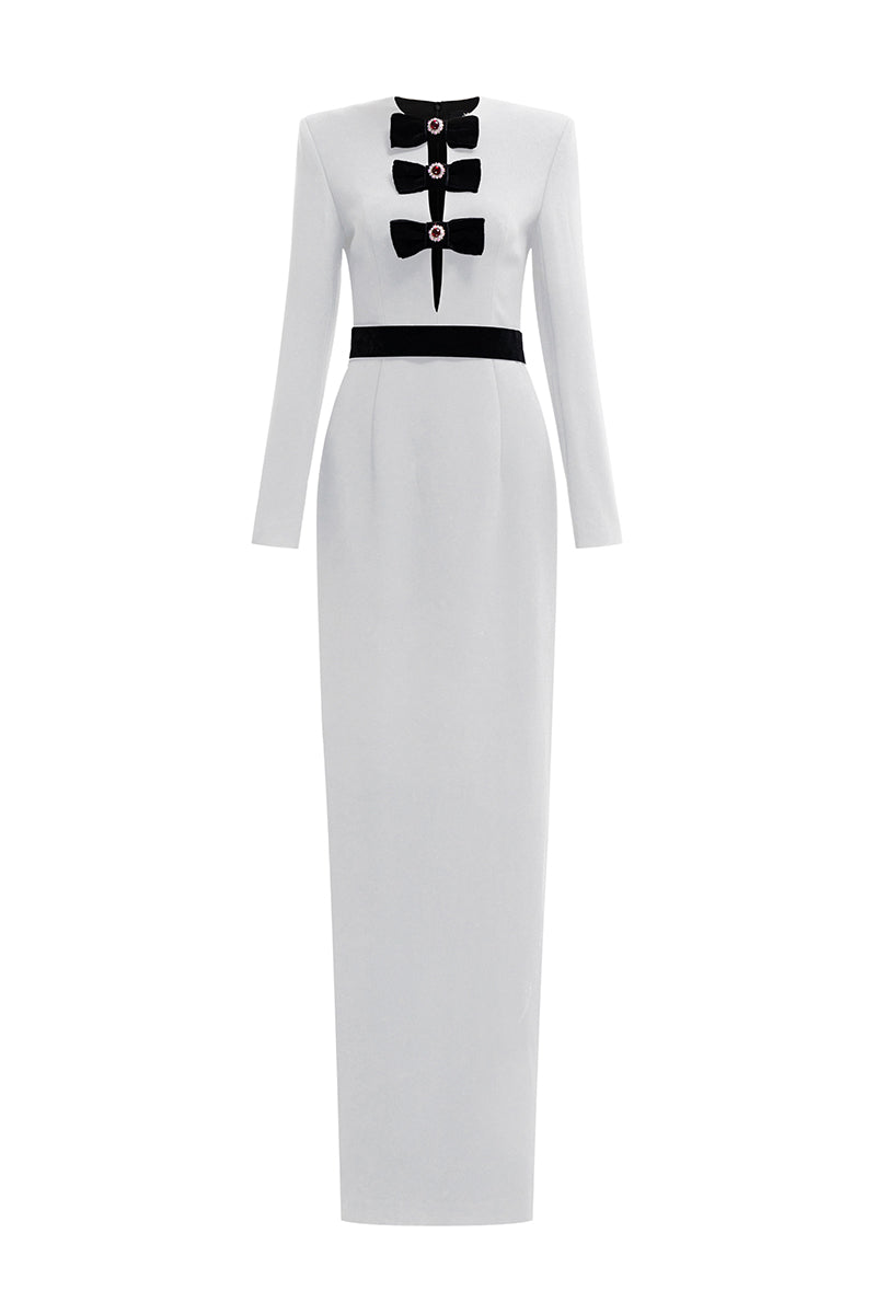 V-Cut Column Gown With Long Sleeves In White | I.H.F ATELIER