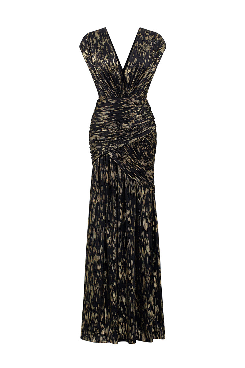 V Neck A-line Gown With Asymmetric Draped Detail In Black Metallic Striped Chiffon | I.H.F ATELIER