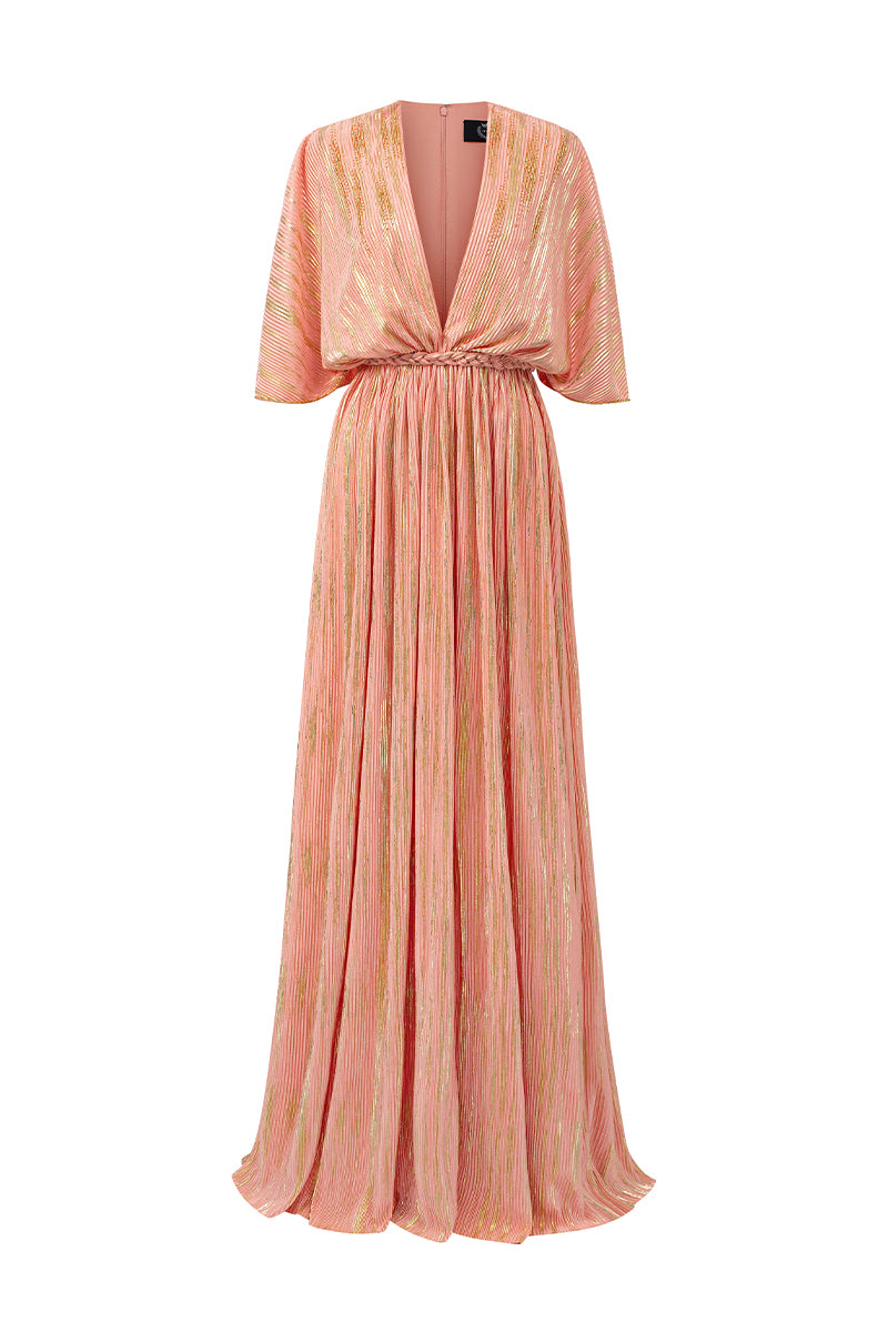 V-Neck A-Line Gown With Hand-Braided Belt In Pleated Peach Jersey | I.H.F ATELIER