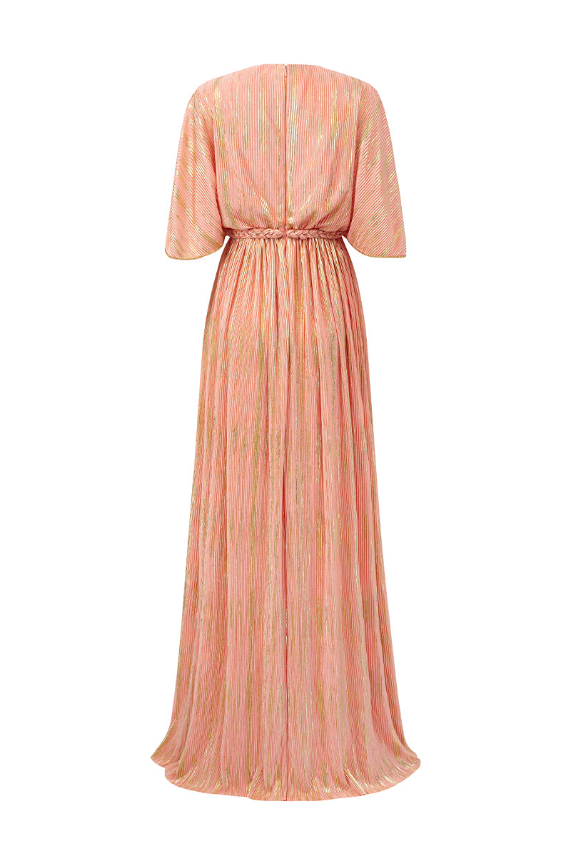 V-Neck A-Line Gown With Hand-Braided Belt In Pleated Peach Jersey | I.H.F ATELIER