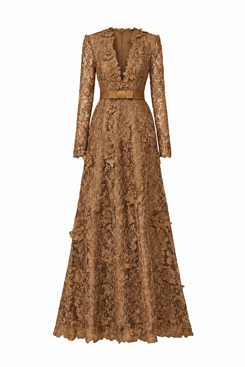 V Neck A-line Gown With Long Sleeves In Dark Gold Guipure Lace | I.H.F ATELIER