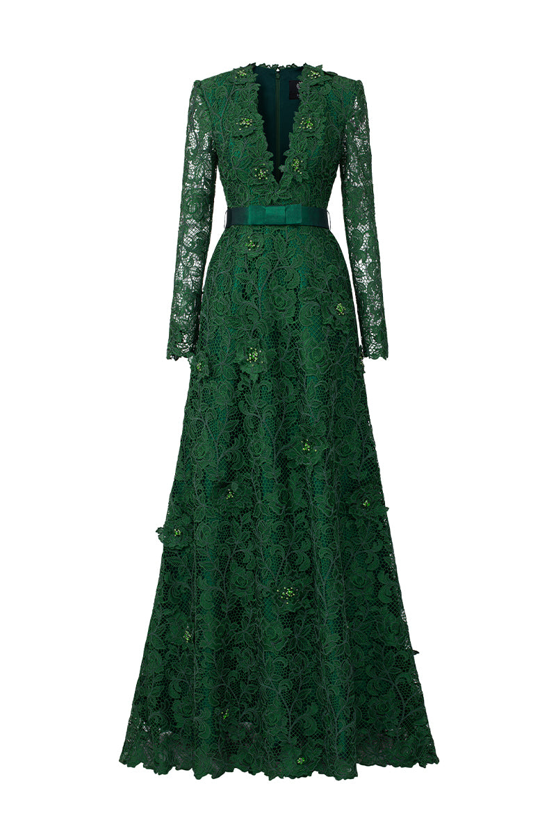 V Neck A-line Gown With Long Sleeves In Green Guipure Lace | I.H.F ATELIER