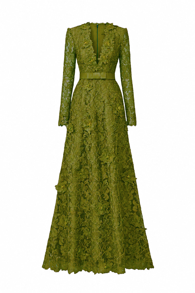 V Neck A-line Gown With Long Sleeves In Olive Guipure Lace | I.H.F ATELIER