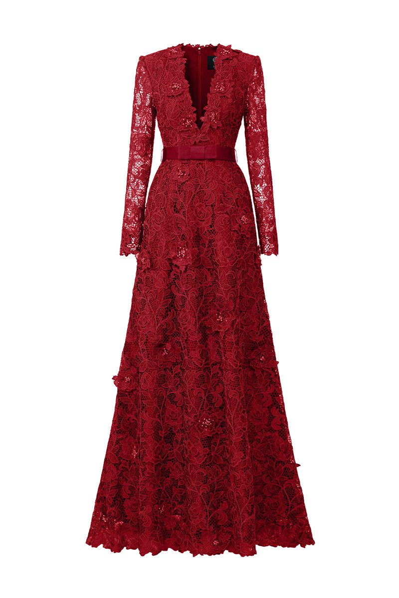 V Neck A-line Gown With Long Sleeves In Red Guipure Lace | I.H.F ATELIER