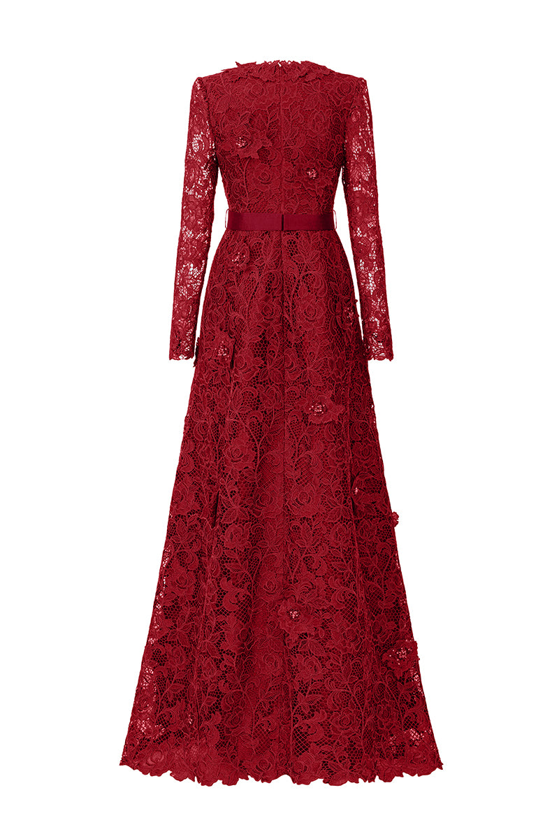 V Neck A-line Gown With Long Sleeves In Red Guipure Lace | I.H.F ATELIER