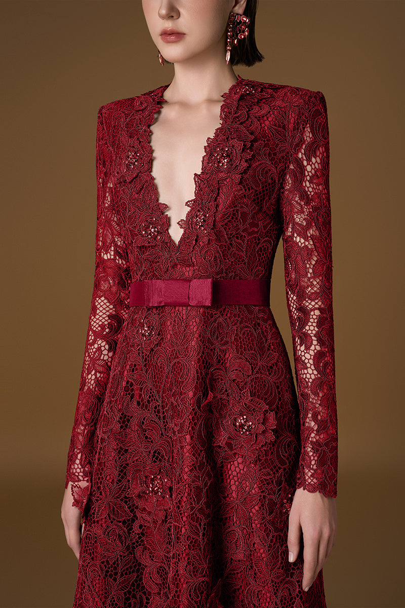V Neck A-line Gown With Long Sleeves In Red Guipure Lace | I.H.F ATELIER