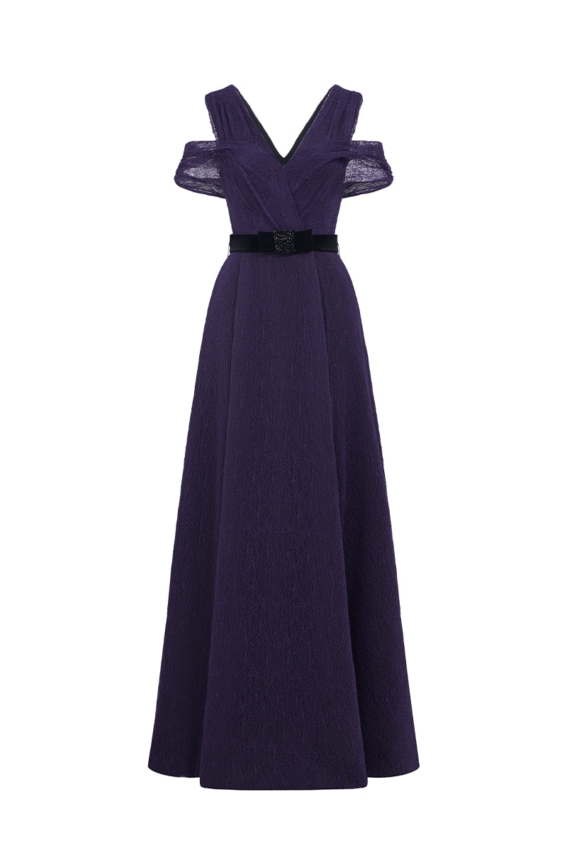 V Neck A-Line Gown With Waist Belt In Dark Purple Vine Guipure Lace And Black Lyon Velvet | I.H.F ATELIER