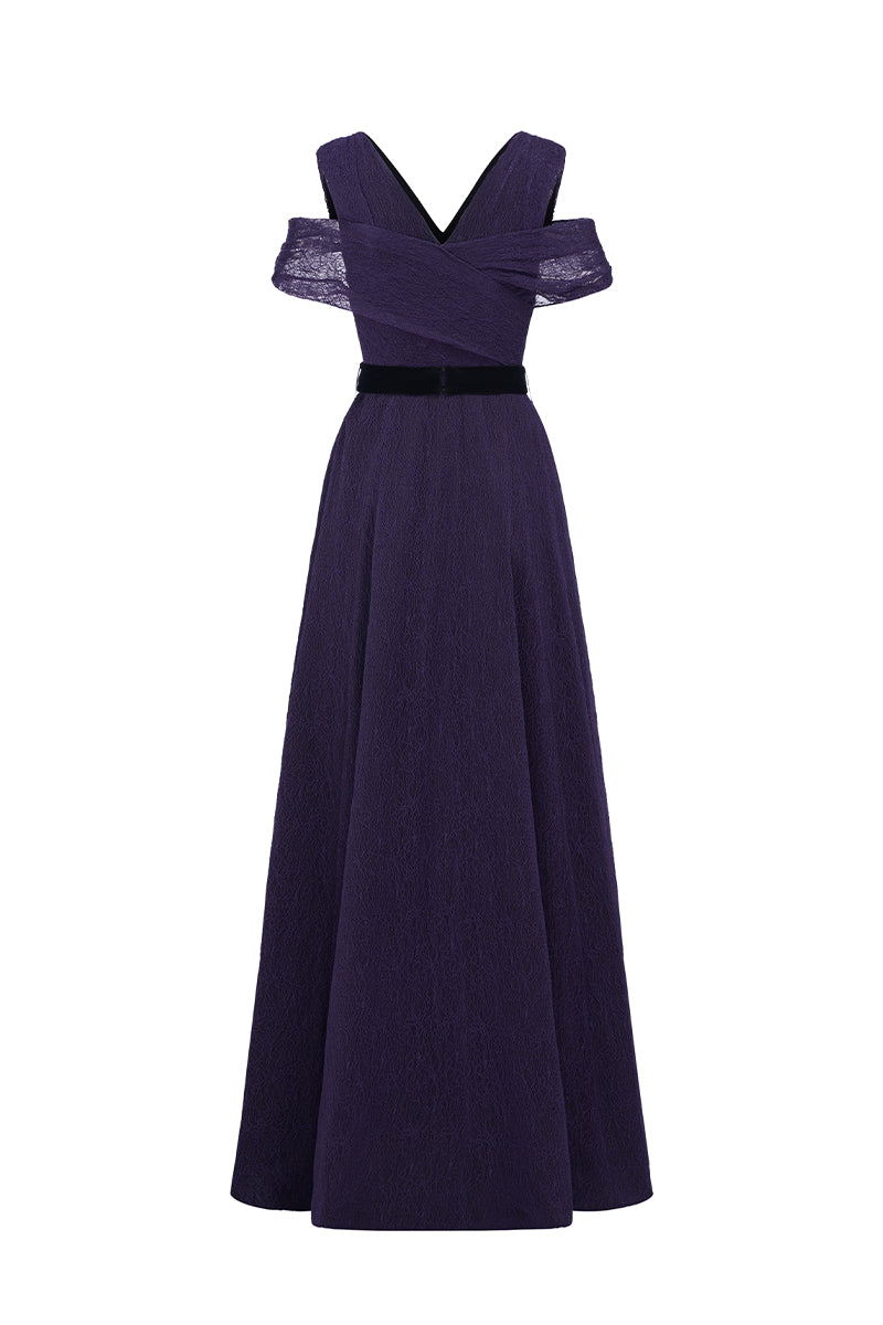 V Neck A-Line Gown With Waist Belt In Dark Purple Vine Guipure Lace And Black Lyon Velvet | I.H.F ATELIER