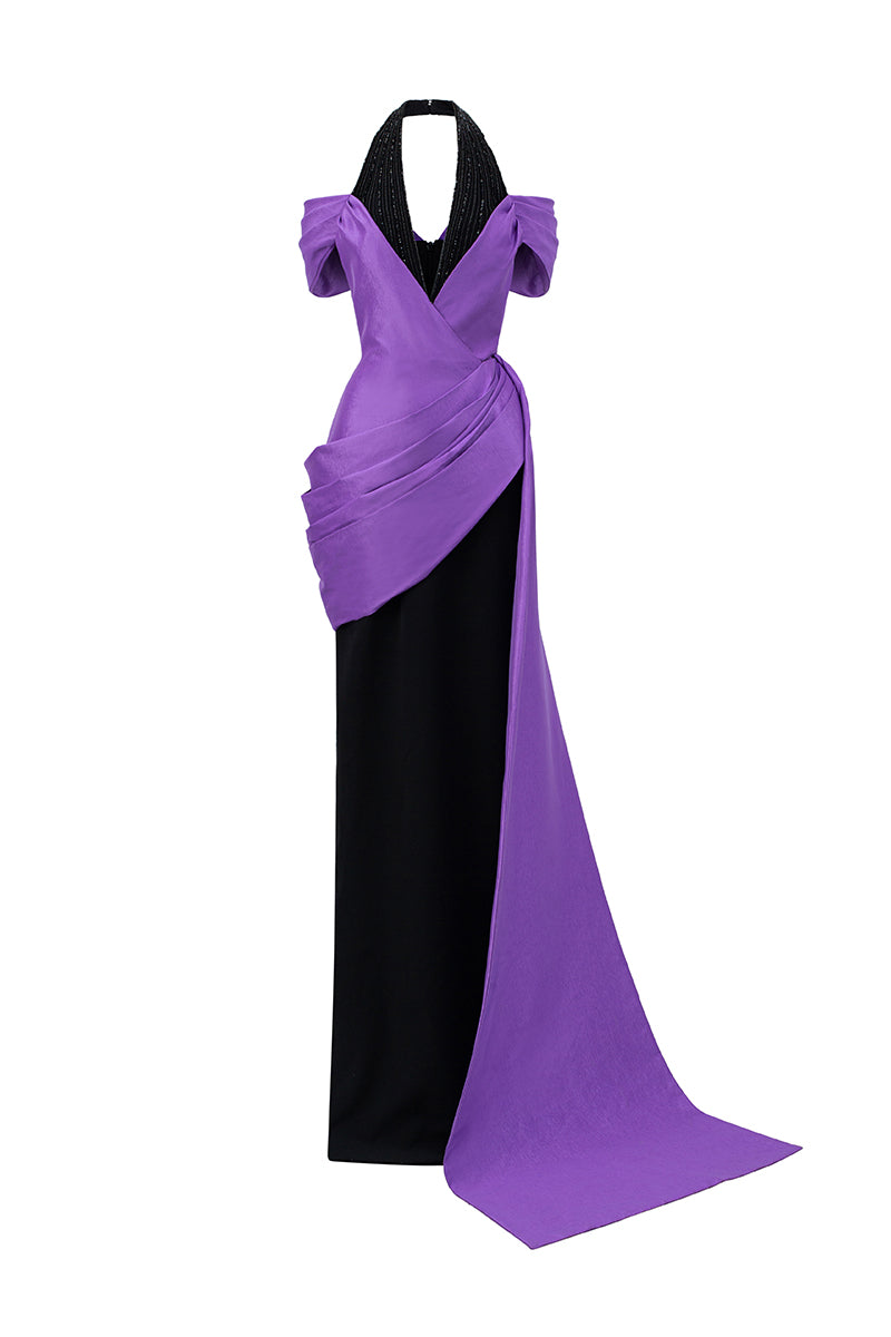 V Neck Column Gown With Asymmetric Draped Details In Black Crepe And Purple Taffeta | I.H.F ATELIER