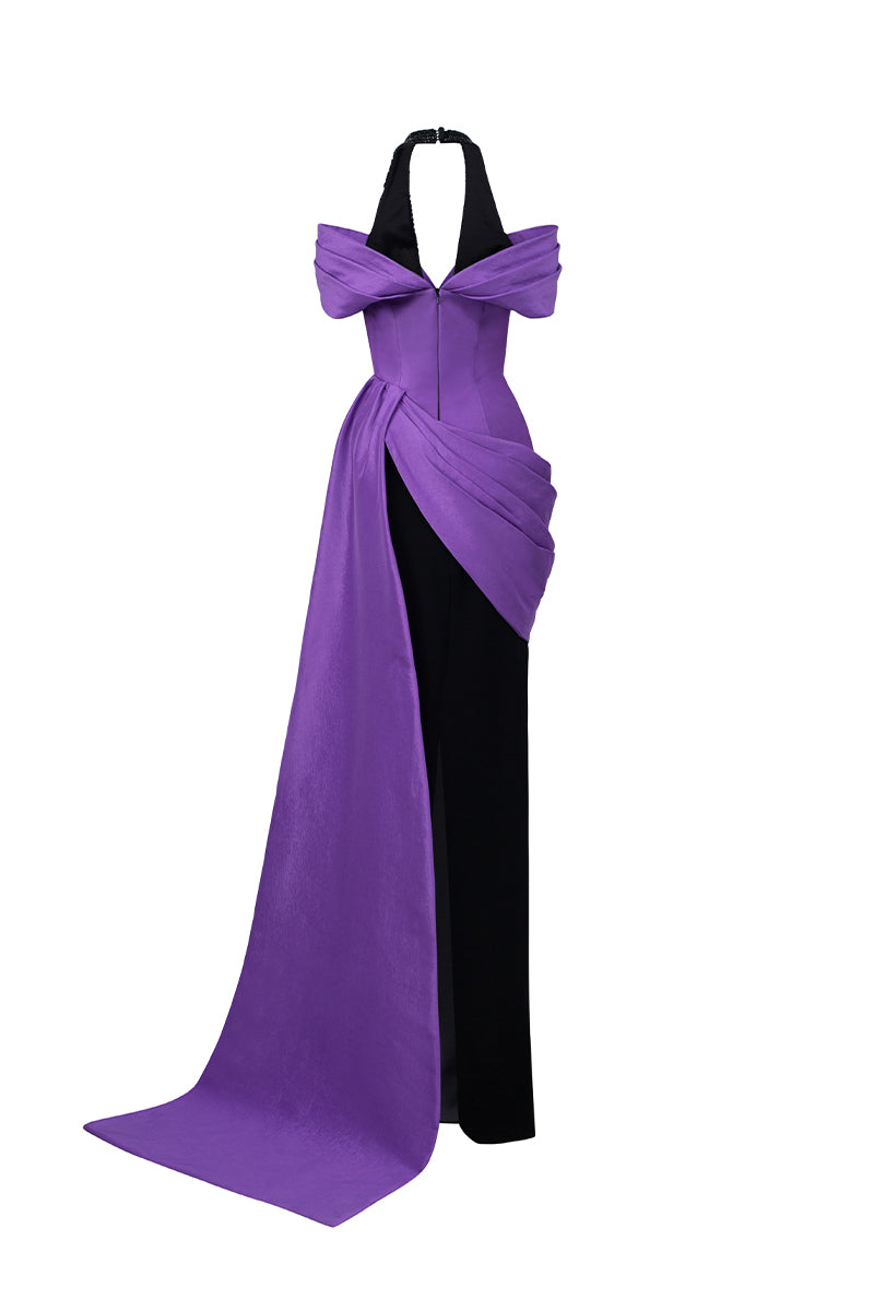 V Neck Column Gown With Asymmetric Draped Details In Black Crepe And Purple Taffeta | I.H.F ATELIER